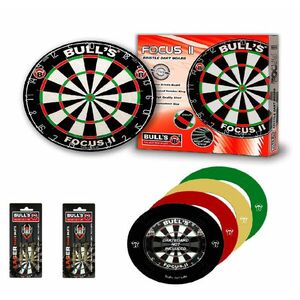 Bull's Focus II. verseny darts tábla + Bull's zöld színű EVA 4 részes falvédő, 2 szett Bull's laser steel nyíl kép