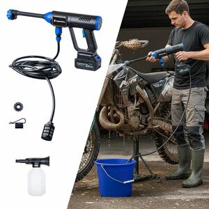 Akkus mosópisztoly inSPORTline Esedera, nagy teljesítményű motor, erős nyomás, multifunkciós fúvóka, nyomásbeállítás LED-es érintőképernyőn kép