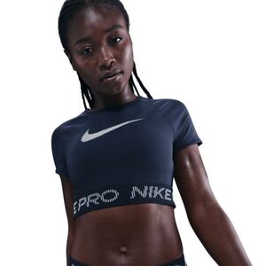 Női rövid ujjú edzőpóló NIKE PRO W NP DF SS TOP TT GRX MIDNIGHT NAVY FOOTBALLGREY WHITE kép